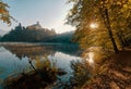 Beautiful autumn sunrise scenery of TrakoÃÂ¡Ãâ¡an Castle on the hill reflected in the lake in Croatia, county hrvatsko zagorje